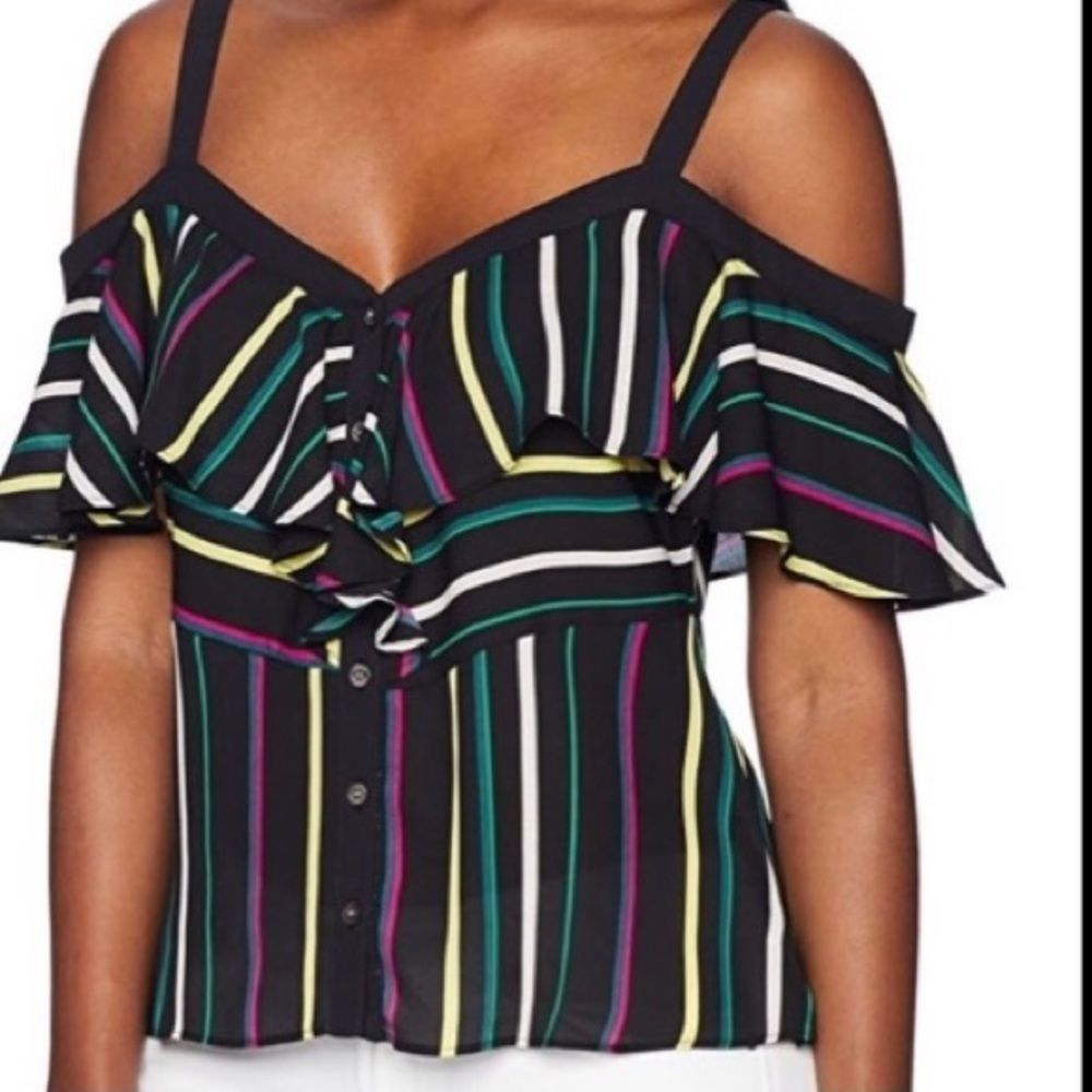 Vince Camuto Tropic Heat Multicolor Stripe Cold Shoulder Blouse Lg Petite NWOT
